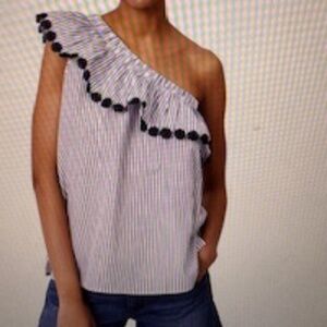 NWOT from LOFT- ADORABLE One-Shouldered Floral-Trim navy/white striped top, Med.
